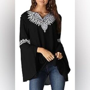 Angie Top Womens 1X Black Blouse Embroidered V-Neck Floral Bell Sleeve Tunic Y2K